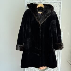 Vintage Gallery Faux Fur Coat Womens Small Black Hooded Quiet Luxury Mob Wife